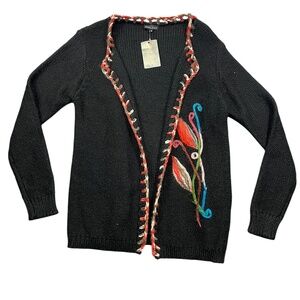 Dor Dor Couture Medium Black Open Front Sweater Embroidered Acrylic Fall Festive
